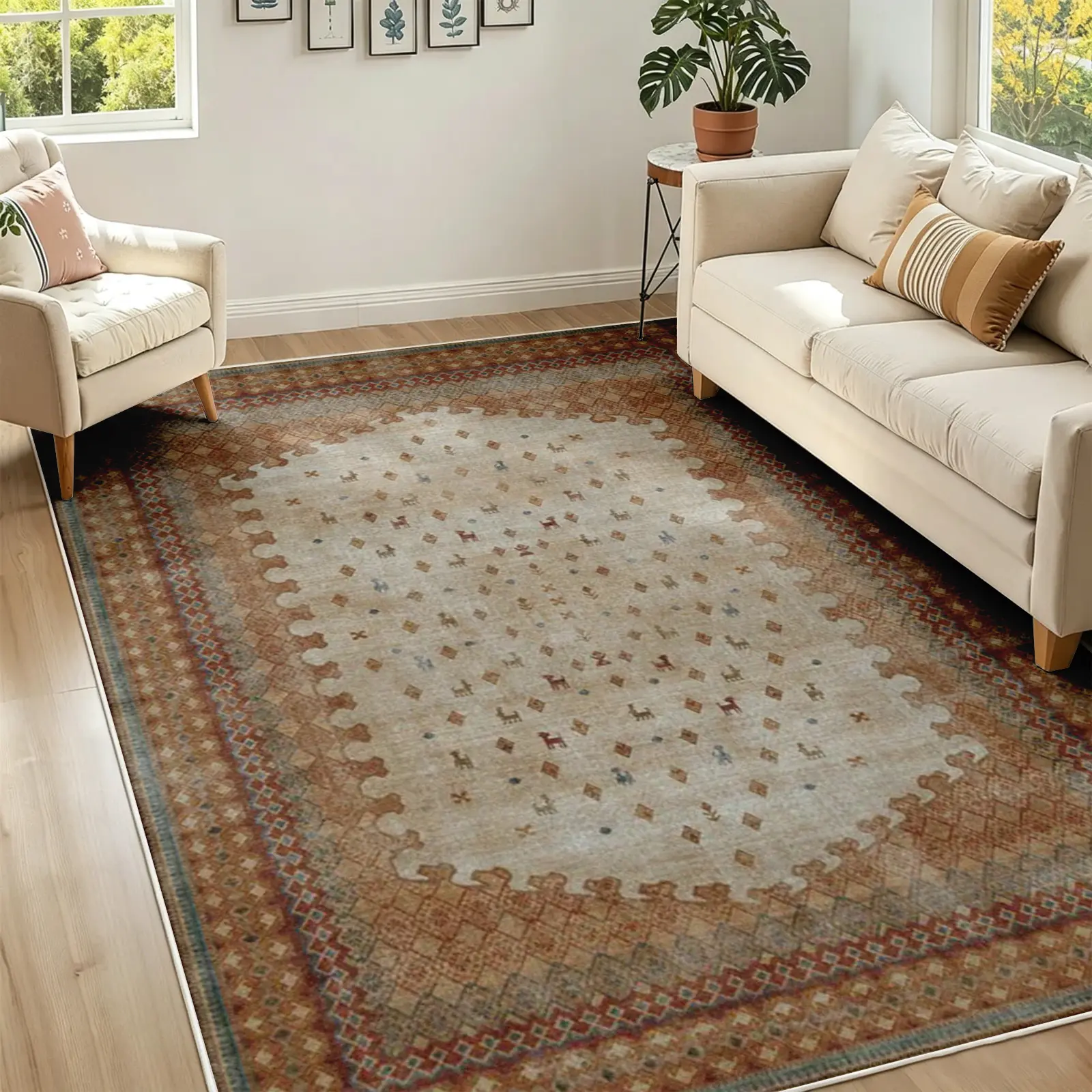 [Moving Season]Boho Faded Area Rug, Beige Terracotta Motif Carpet, Cozy Plush Faux Cashmere, Machine Washable Non Slip Rug for Bedroom Living Room Dining Room Office, Timeless Home Decor, Room Decor (Various Sizes)