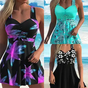 Women's Vintage Floral Printed A-Line Swimdress Swimsuit - Ruched Drawstring, Tummy Control Bathing Suit for Summer Beach Vacation