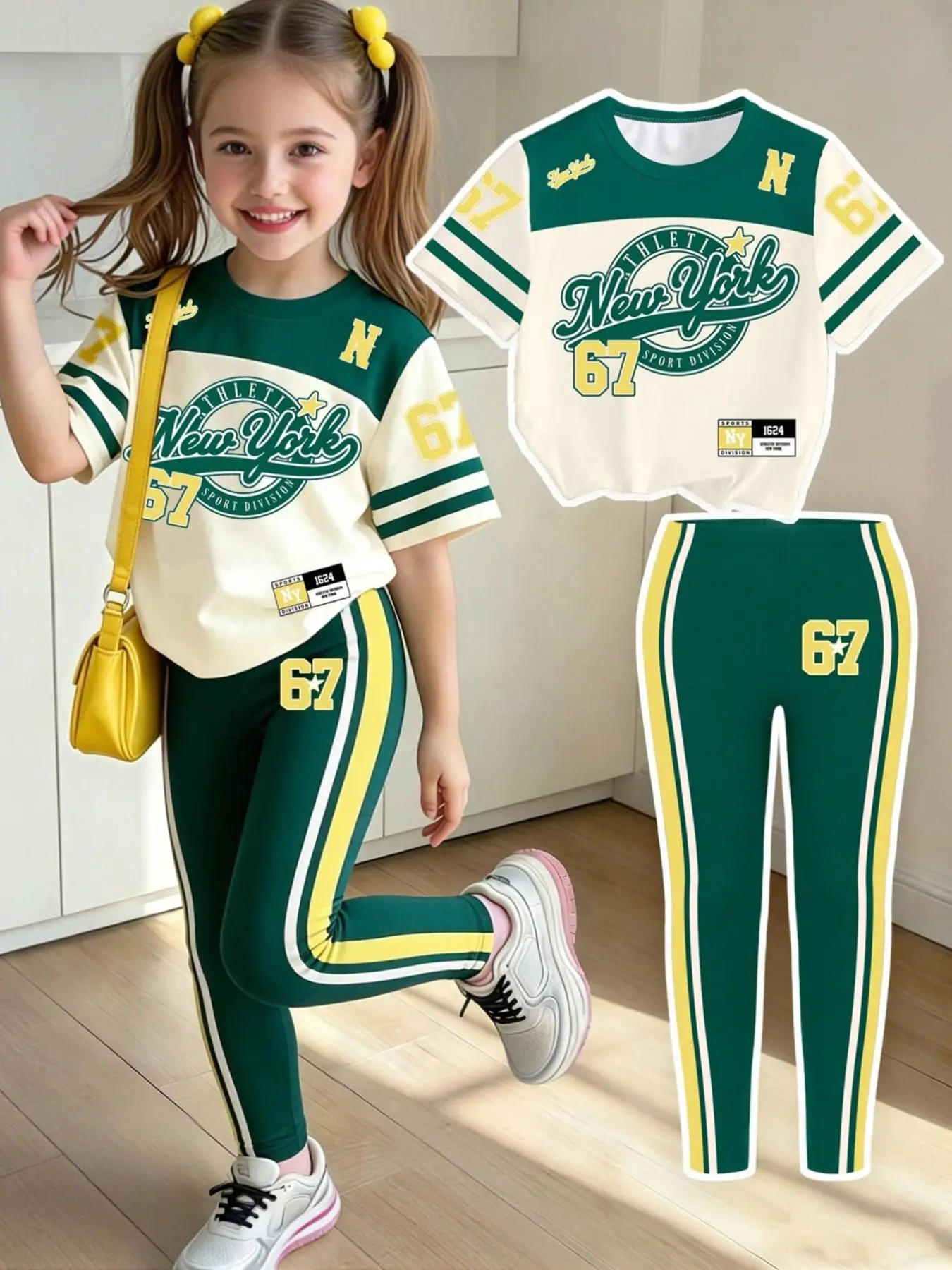 New York 67 Letter Print Set, Girls' Casual 2-Piece, Comfortable Elastic Waist Pants, Spring Summer Daily Wear, Ages 4-12, Graphic Print Set