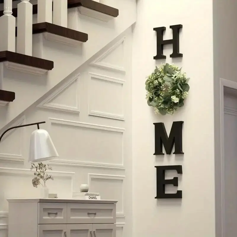 Home Letter Wall Decor Wreath, Front Door Hanging Ornament, Natural Wood Moving Gift, Farmhouse & Bohemian Style, Elegant Font Design, Artificial Flowers