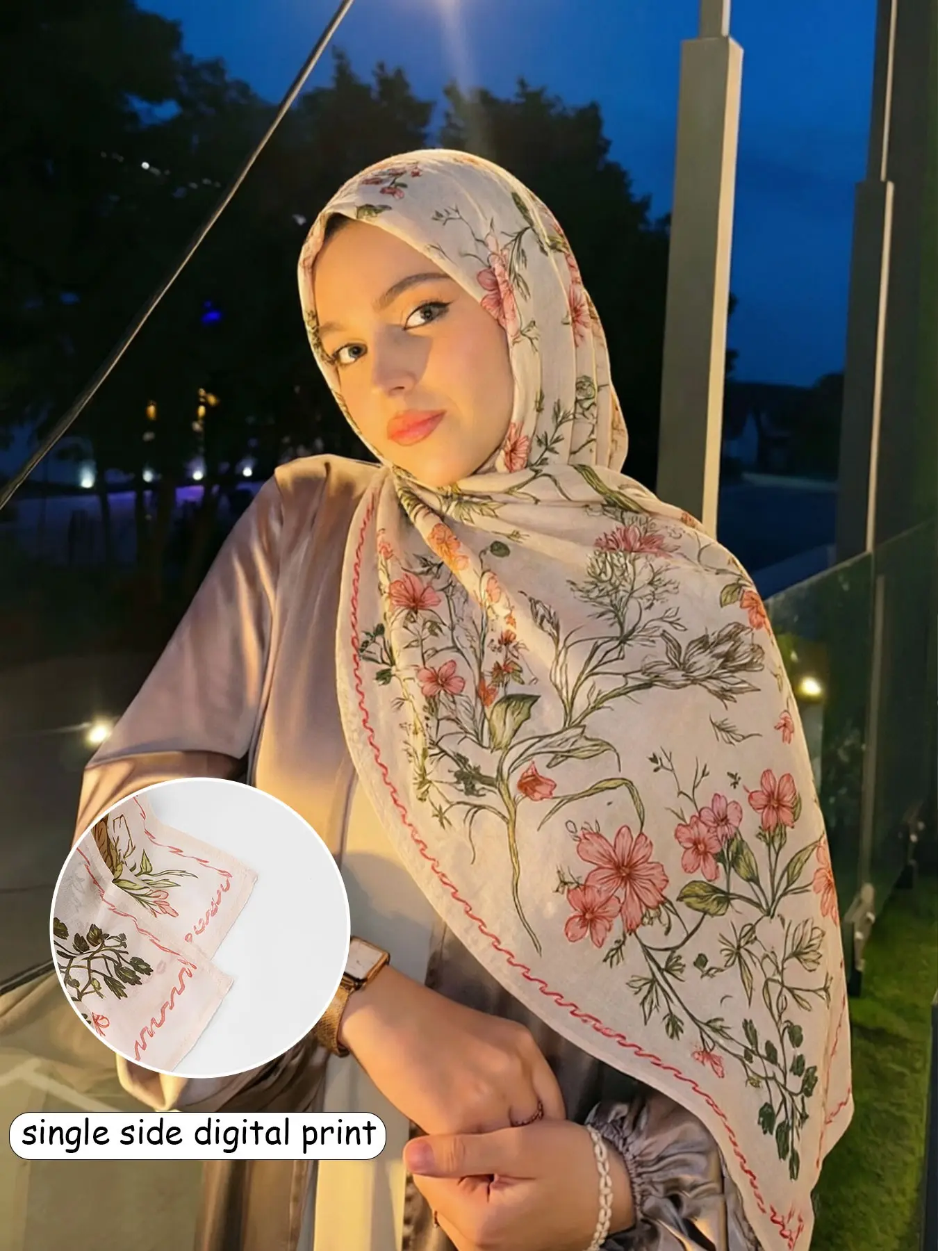 Elegant Geometric Print Hijab Scarf, Blue Floral Headscarf for Women, Comfortable Breathable Long Shawl, Muslim Daily Wear, Valentine's Day Gift
