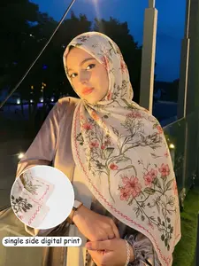 Elegant Geometric Print Hijab Scarf, Blue Floral Headscarf for Women, Comfortable Breathable Long Shawl, Muslim Daily Wear, Valentine's Day Gift