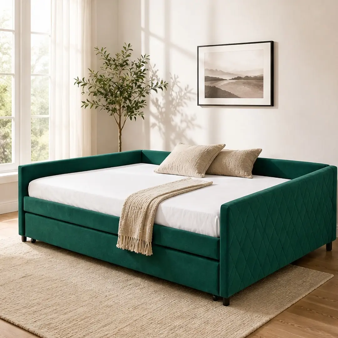 Full Size Upholstered Velvet Daybed with Trundle - Sturdy Wooden Frame, Modern Diamond Grid, Corner Shape, Space-Saving L-Shape, No Box Spring Needed, 110.00 lb, 58.70" w x 80.80" d x 22.70" h, Assembly Required, Emerald - for Bedroom, Guest Room