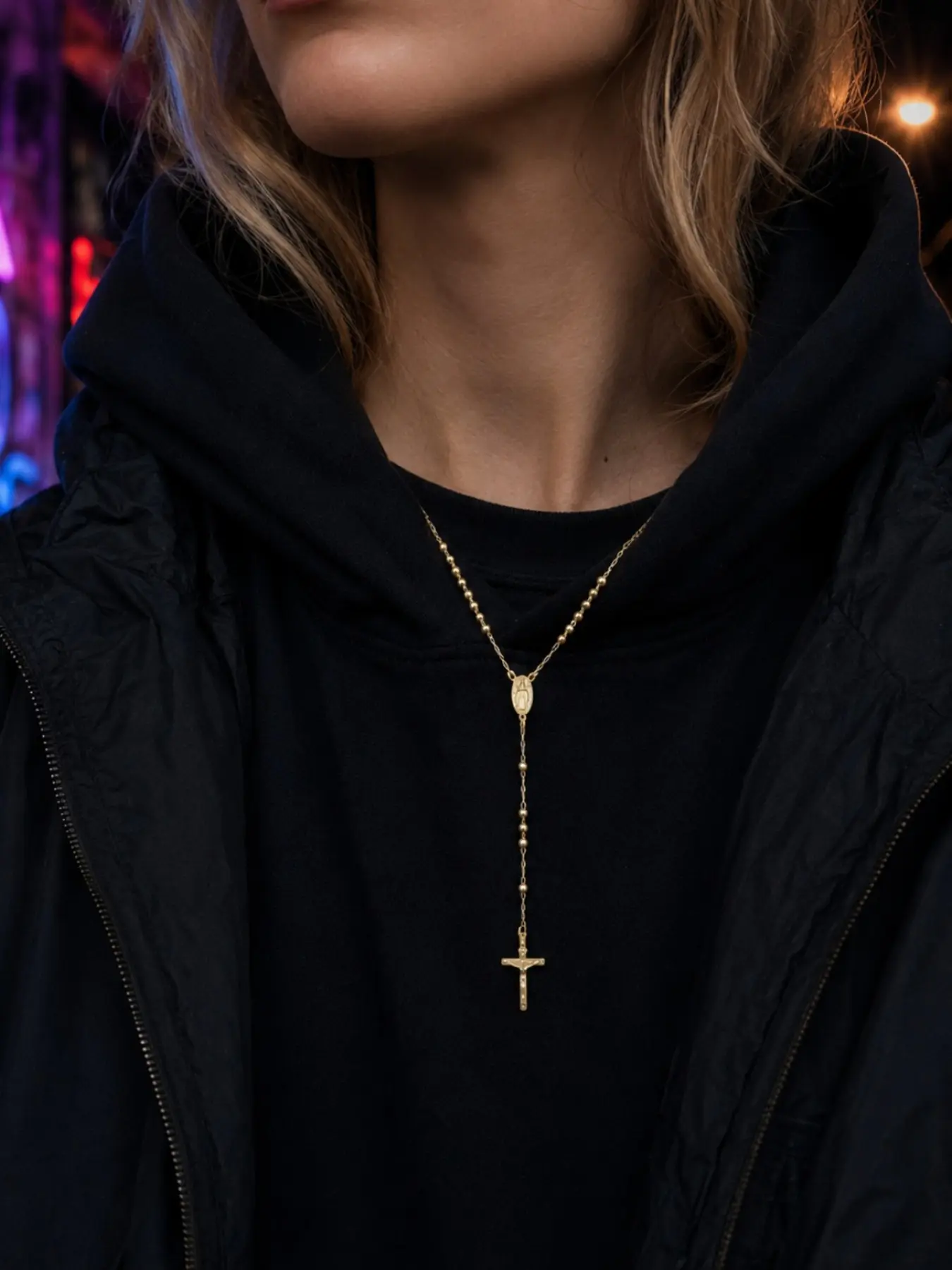 14k Gold-plated jewelry Y-Shape Long Beaded Necklace, Pendant Necklace, Jesus Cross Prayer Chain, Elegant Religious Jewelry, Accessory Necklace, Perfect for Rituals and Gifts