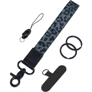 Wristlet, Soft Fabric Key Chain for   Badges, Cool Wristlet  with 2 Key Rings Tether Tab & Phone Strap, Short Wrist Lanyard Strap for Men & Women (Leopard Print)
