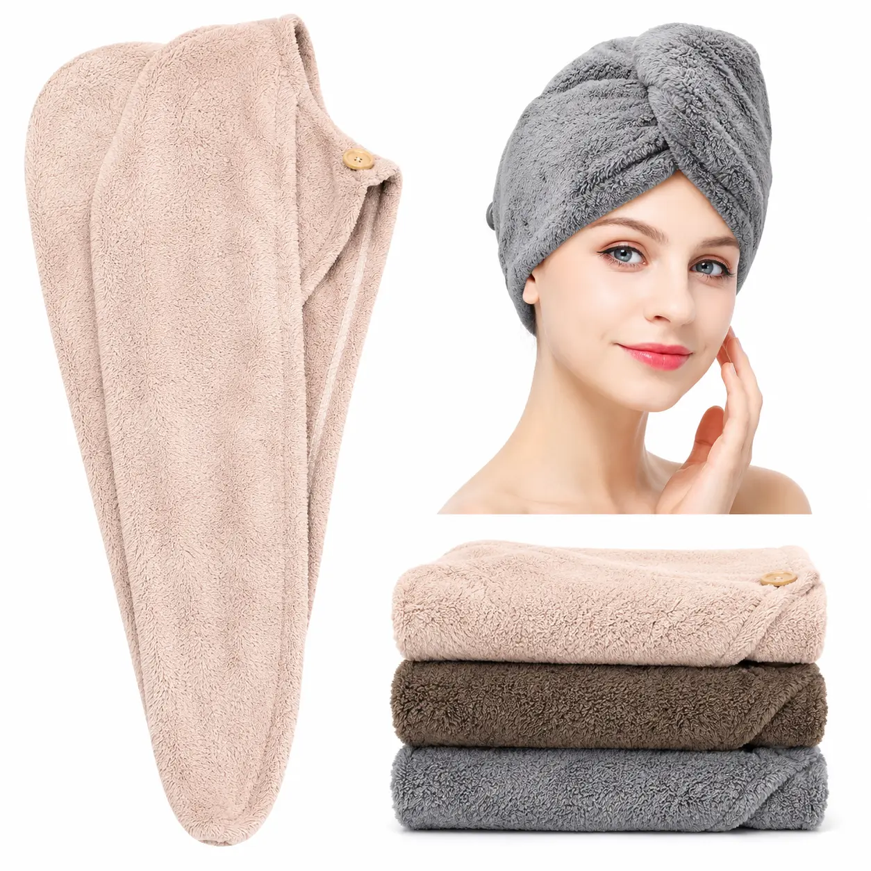 3 Pack Microfiber Hair Towel Wrap, Quick Dry Hair Turban with Button, Super Absorbent Hair Drying Towel for Curly Hair, Plopping, Bathroom and Hair Care,heat