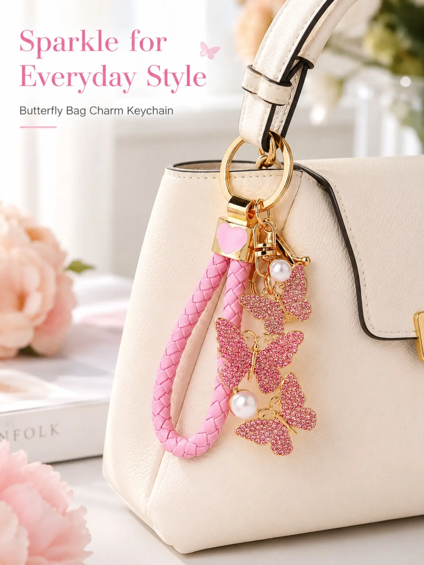 Rhinestone Triple Butterfly Bag Charm Keychain For Bags With Braided PU Leather Wrist Strap, Pink Clear Yellow Sparkling Crystal Pearl Girly Bling Keyring, Coquette Y2K Soft Girl Bag Decoration Pendant Gift for Women Purse Backpack Car Keys