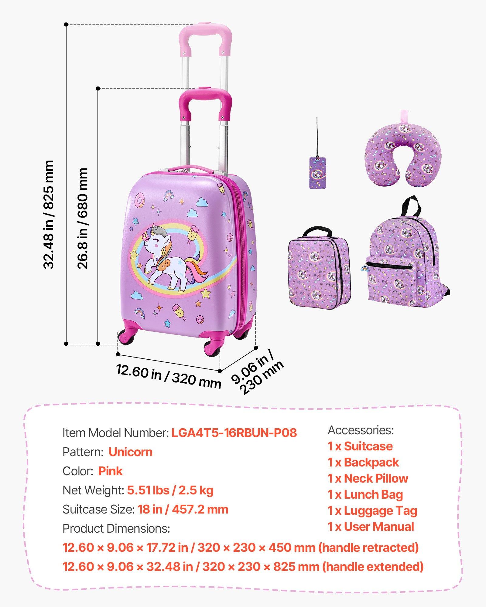 VEVOR 5-Piece Kids Hardside Luggage Set, 18in Rolling Wheels Suitcase with  Backpack, U-Shape Pillow, School & Airline-Approved Carry-On, Holiday  Birthday Gift for Girls - TikTok Shop