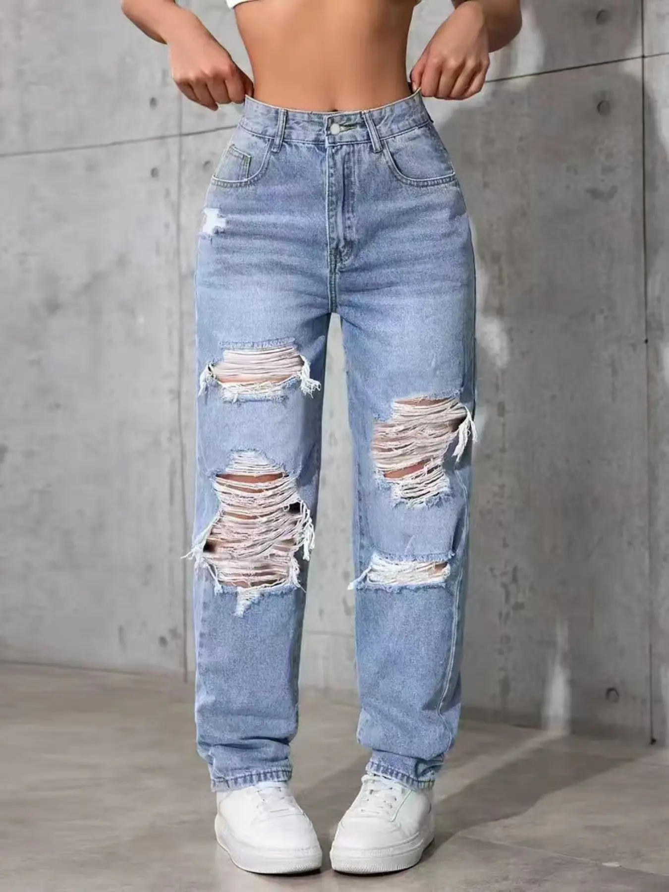 Women's Casual Stretch Waist Jeans with Rips, Non-Elastic Denim Dad Pants, Comfortable Long Bottoms for Daily Wear