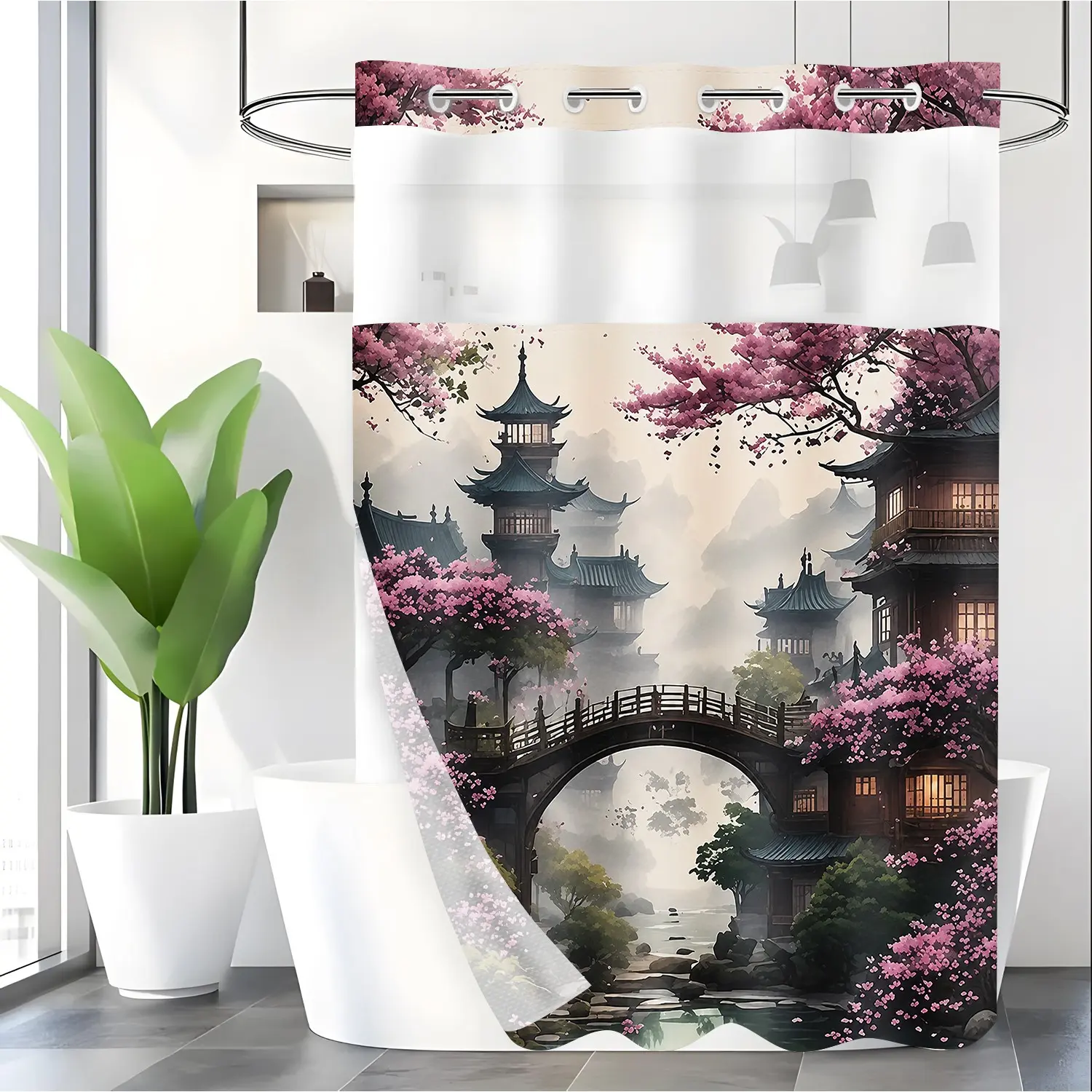 LVRLVR 1pc Oriental Japanese Cherry Blossom Pagoda Floral Decorative Pretty Botanical Shower Curtain, Misty Mountain Vintage Arch Bridge Print, Sheer Top Window, Detachable Liner & No Hook C-Ring, 70.8" x 74"