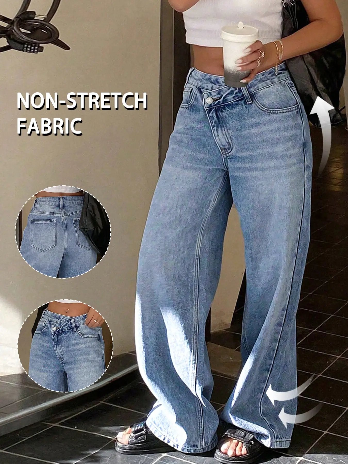 GILIPUR Cross‑Over Button Waist Wide Leg Jeans, Light Blue Washed Drape Floor‑Length Pants, European Casual Vintage Loose Versatile Denim Trousers