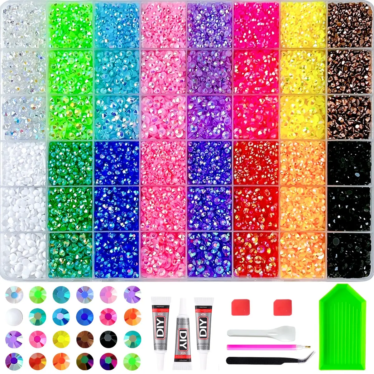 48 Colorful Rhinestone Set, DIY Craft Kit, Includes Tray and Pliers, Perfect for Clothing, Cups, Shoes, Fabric, Nail Art, Nail Art Rhinestones 、 Flatback Crystals 、 with Adhesive Glue 、 Diamond Painting，Christmas Gift