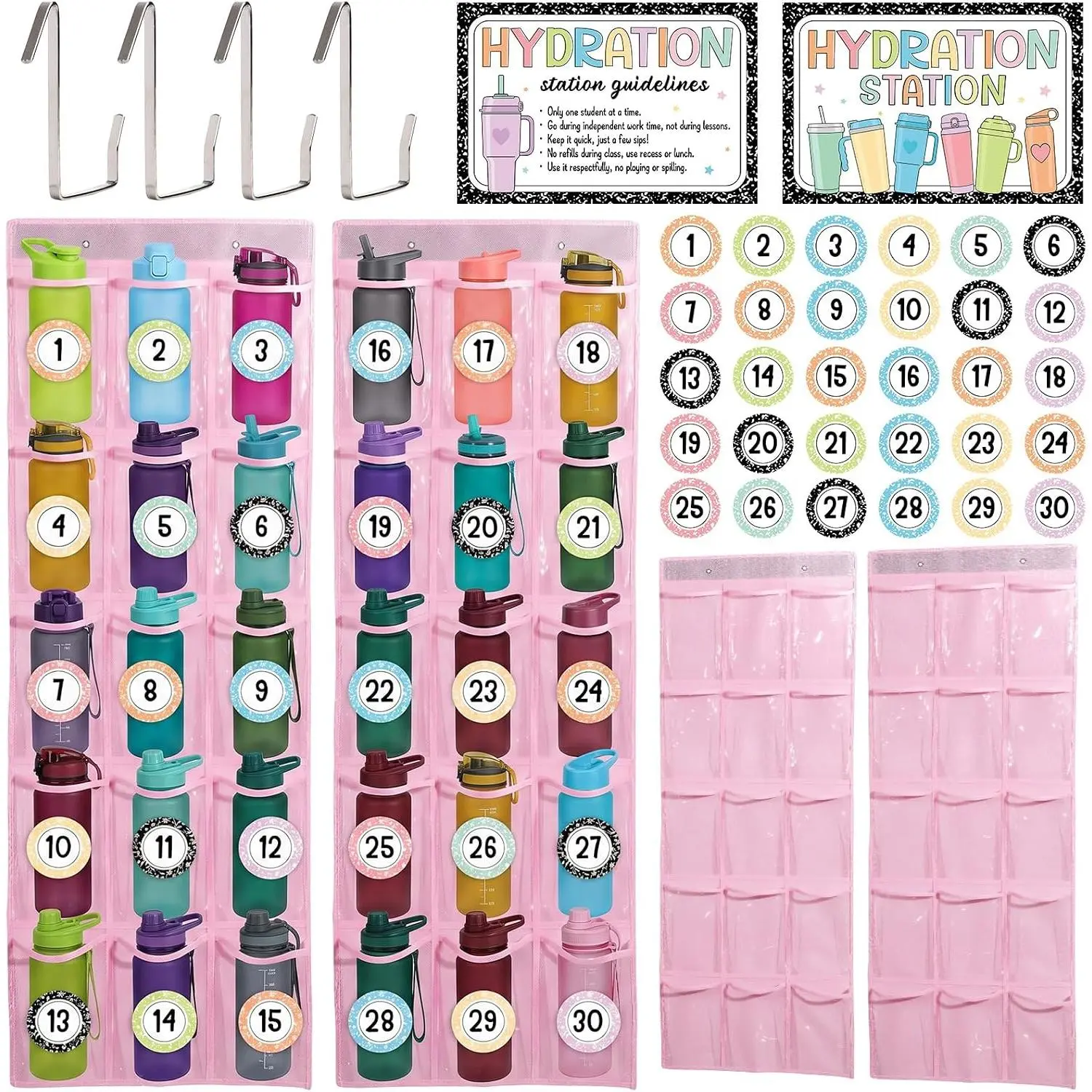 2-Pack PVC & Fabric Water Bottle Organizer Pouch Set, 30-Pocket Over-The-Door Holder with Hydration Station Sign, Digital Stickers & Hooks for Classroom Back to School Kitchen, Modern