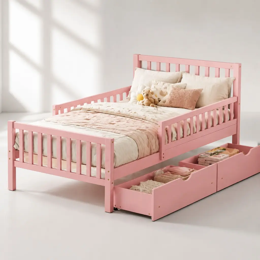 Twin Size Platform Bed Frame with Headboard, Solid Pine Wood, Pink, 2 Storage Drawers, Guardrails, No Box Spring Needed
