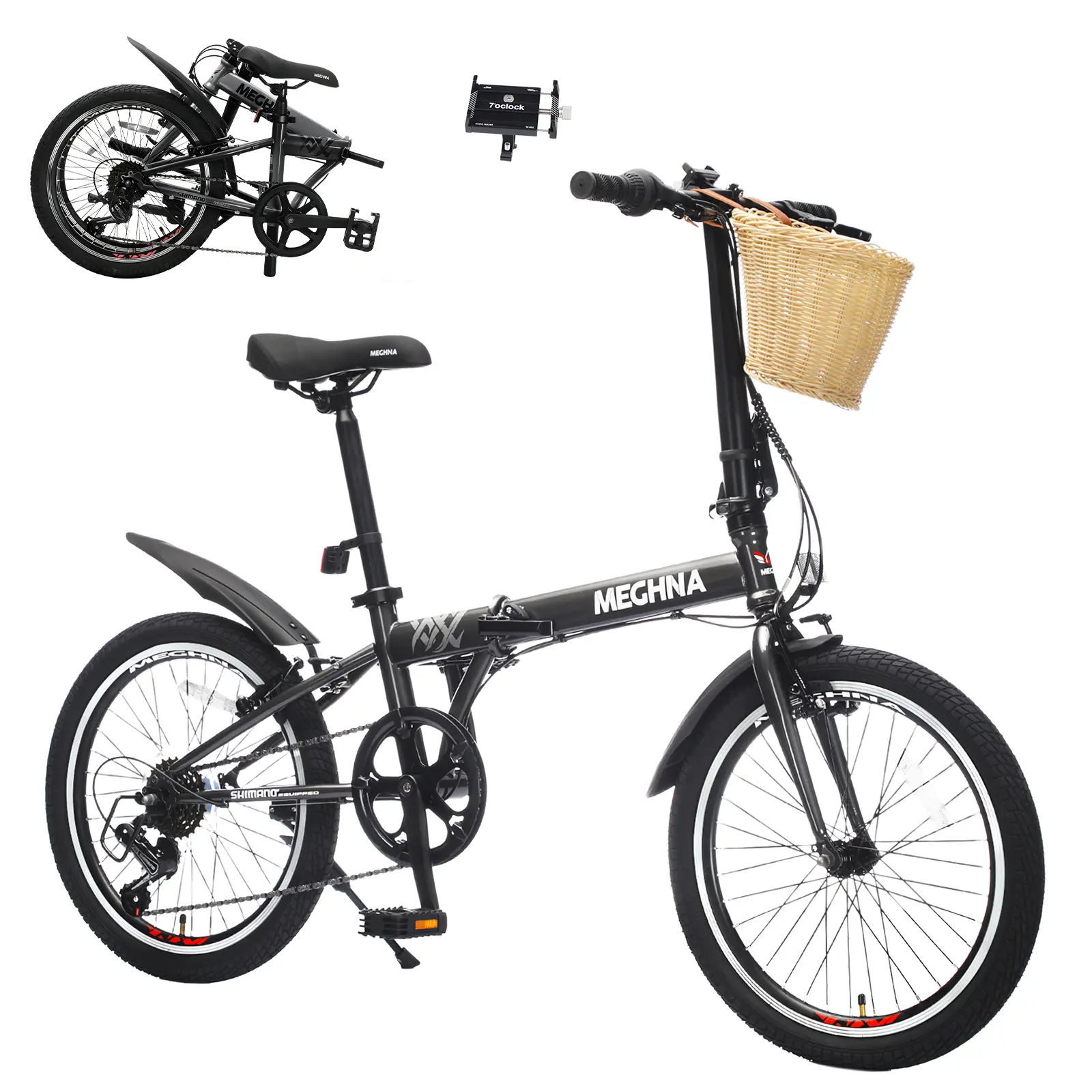 Unisex 20-Inch Folding Cycling Bike (Bike Model), 6-Speed Steel Frame City Commuter Bicycle with Dual V-Brakes, Basket, Phone Holder, Fenders, Portable Compact for Urban Rides, Multiple Colors, Living Room Storage Solution, Included Accessories, 20 Inches