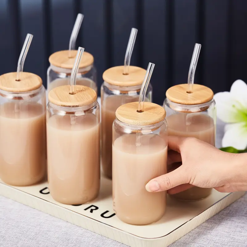 6 Pack Glass Cups with Bamboo Lid Straw & Brush 18.6oz 550ml Transparent Drinking Glassware for Juice Milk Tea Water Creative Design for Kitchen Party