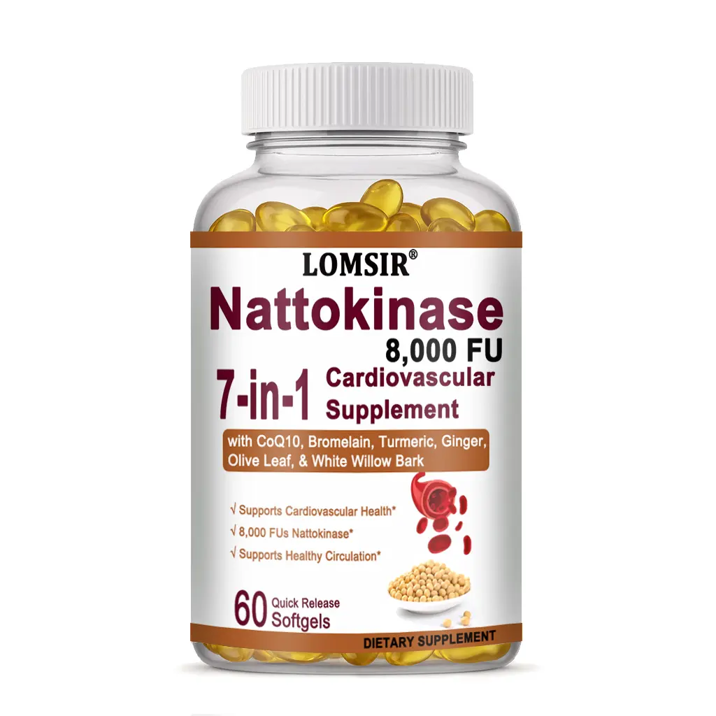Nattokinase 8,000 FU,  7-in-1 Cardiovascular Supplement with CoQ10, Bromelain, Turmeric, Ginger, Olive Leaf, & White Willow Bark - Heart and Circulation Support - 60 Softgels