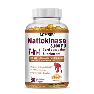 Nattokinase 8,000 FU,  7-in-1 Cardiovascular Supplement with CoQ10, Bromelain, Turmeric, Ginger, Olive Leaf, & White Willow Bark - Heart and Circulation Support - 60 Softgels