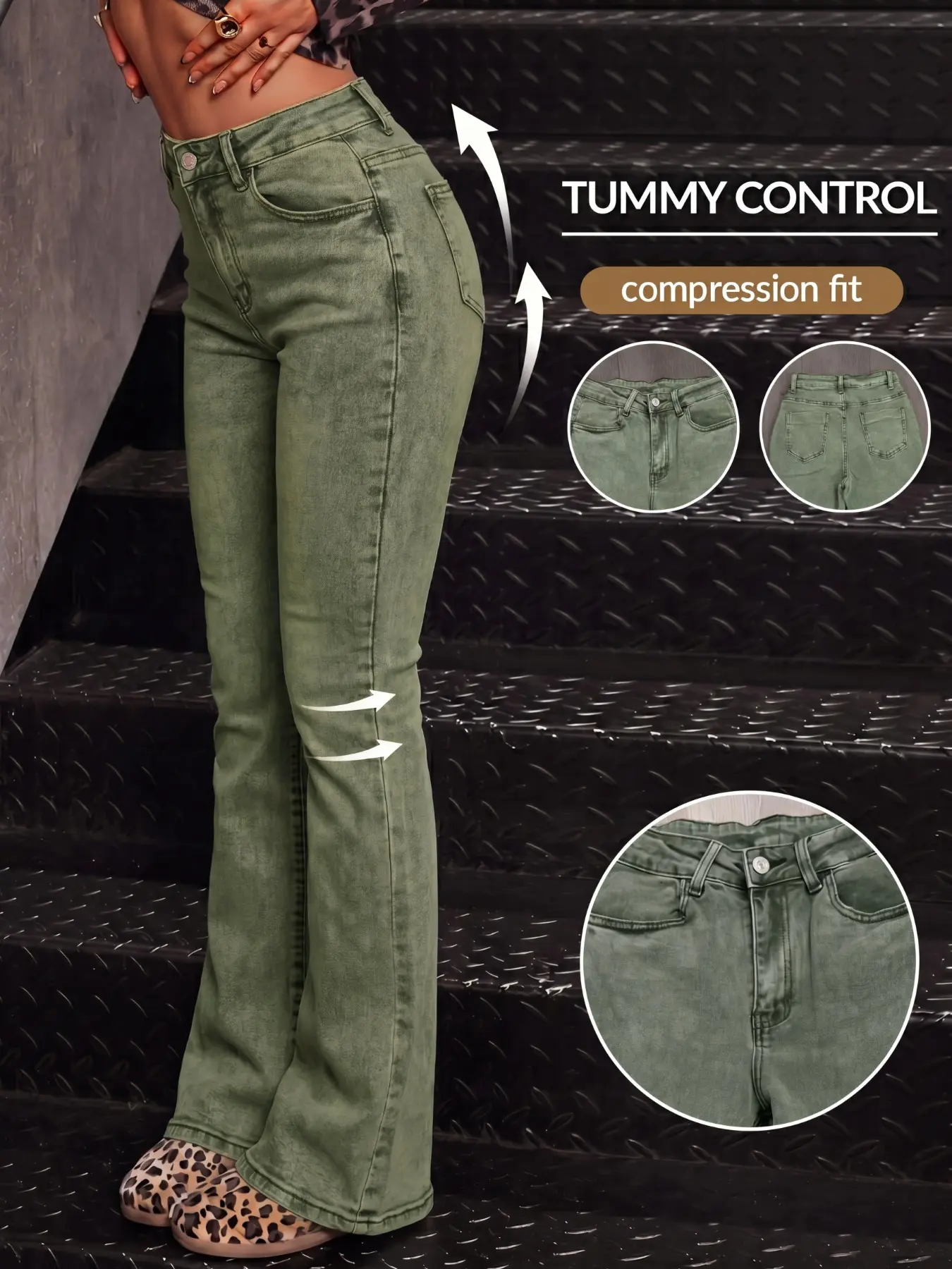 Women's Fashionable Military Flared Jeans, Bohemian Style, All Seasons, Casual Fitted Button Fly, Perfect for Daily and Special Occasions, Bottoms
