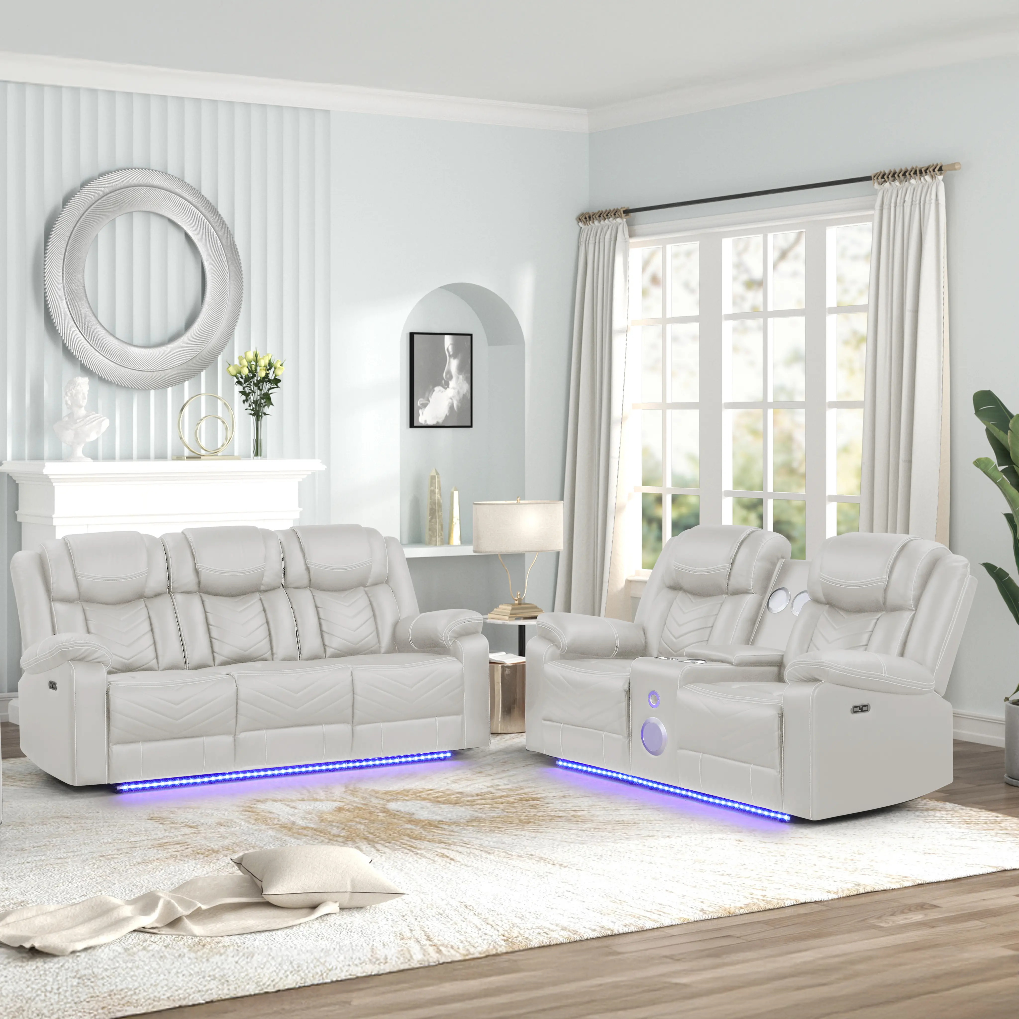 Nokaa Modern 2-Seat Power Recliner Sofa, Beige Faux Upholstered Living Room Furniture with Push Button Reclining, LED Lights, Bluetooth Speakers, Cup Holders, USB Ports, Fold-Down Console, Hidden Storage, Metal Frame, Medium-Firm Rolled Arms