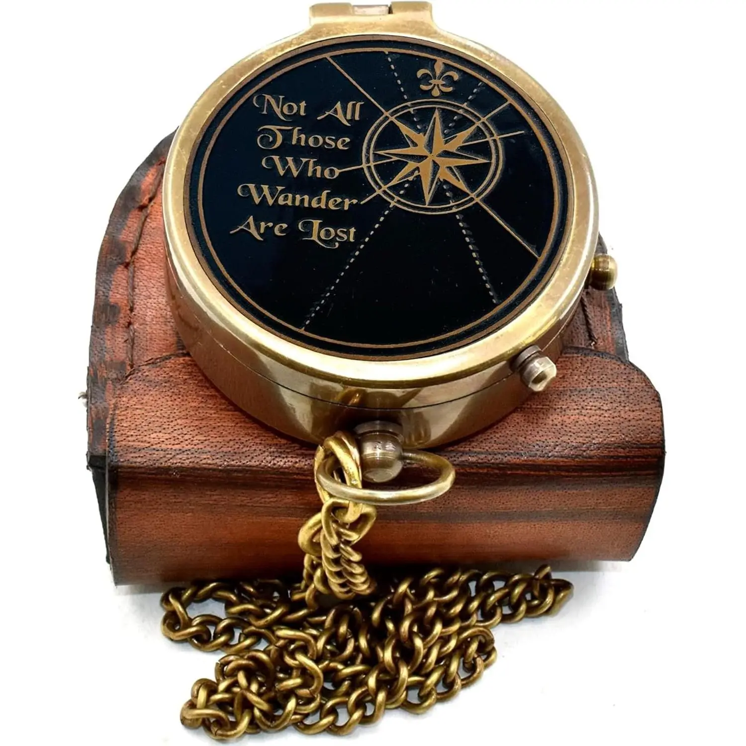 Vintage Brass Engraved Antique Pocket Compass Not All Those Who Wander are Lost With Leather Case, Inspirational Graduation Gift for Men for Hiking Camping Nautical Navigation