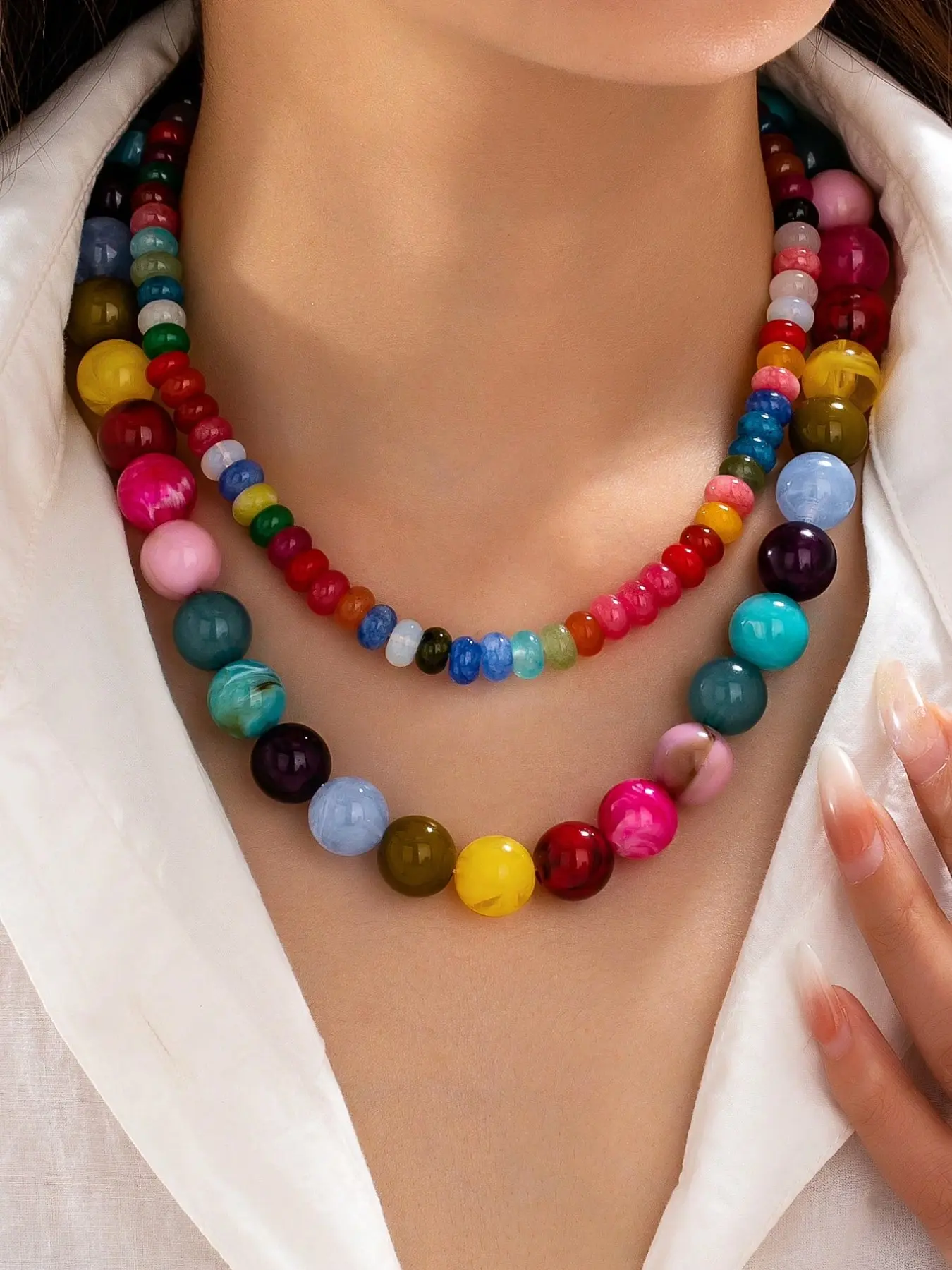 2Pcs Women Layered Chunky Beaded Necklace, Double Strand Round Ball Bead Statement Collar Necklace, Multicolor Vibrant Beads Fashion Costume Jewelry