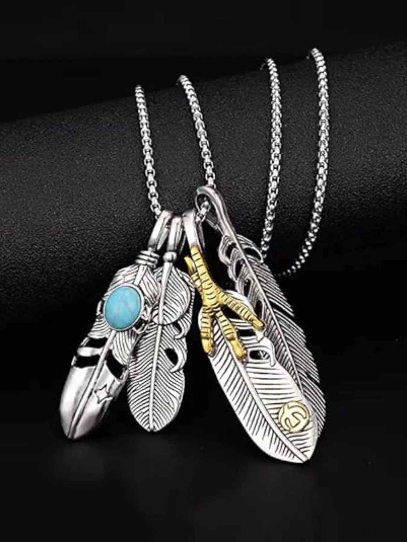 Vintage Feather Design Pendant Necklace, Punk Style Turquoise Texture Decor Necklace for Men & Women, Fashion Jewelry for Party, Daily Decor, Trendy All-match & Exquisite Jewelry for Birthday Gift