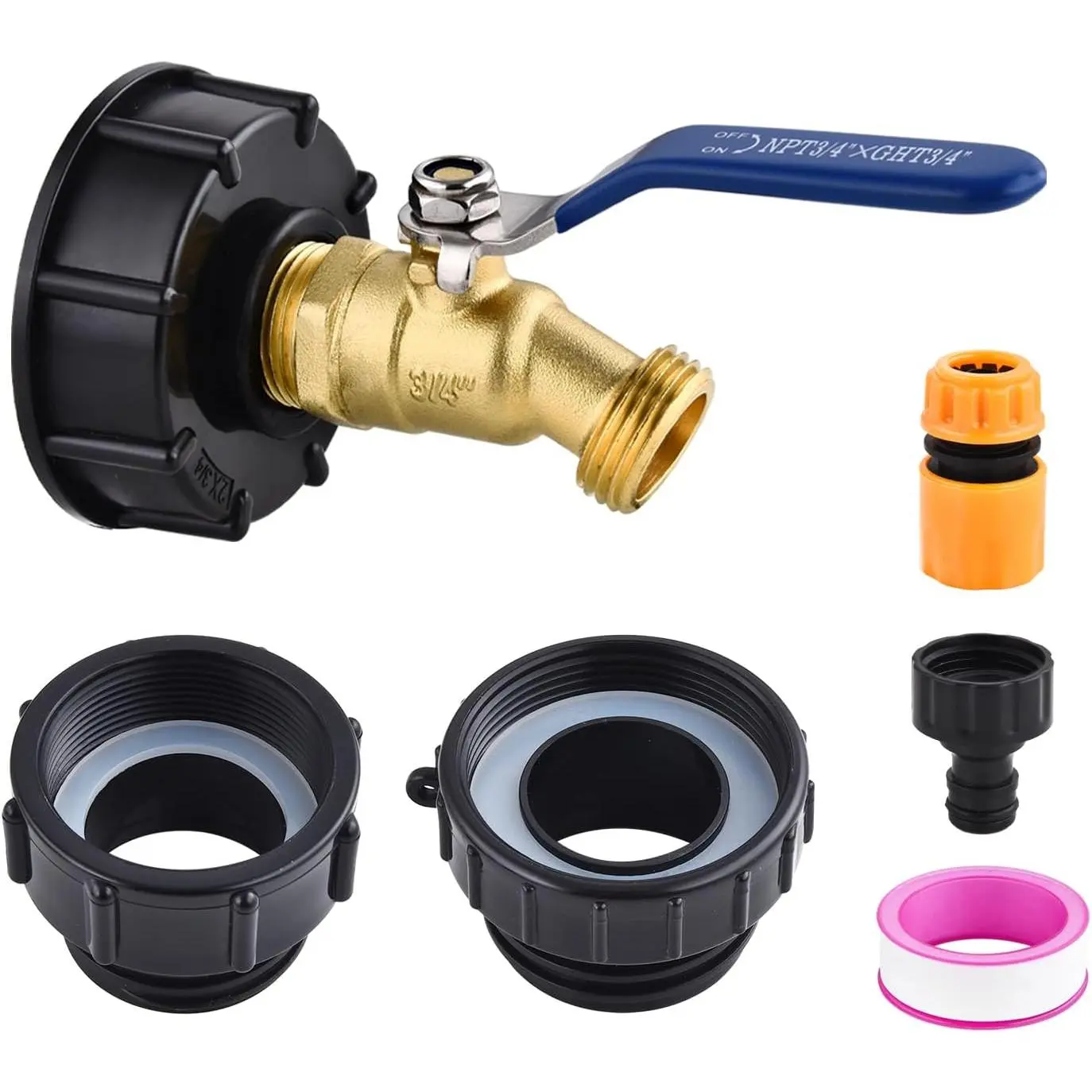 275-330 Gallon  Tote  Adapter,3-Size  Tote Hose Adapter, 2.44" Fine, 2 "Fine, and 2" Coarse Thread,3/4" Male NPT Inlet ×3/4" Male GHT Solid Brass Hose Faucet Garden Hose Connector