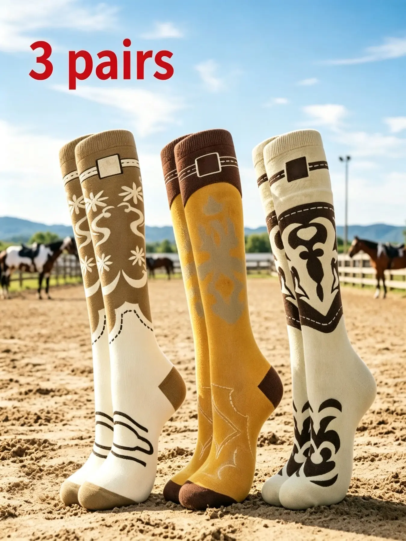 3 Pairs Western Cowboy Style Vintage Pattern Women's Tall Socks, Athletic Socks, American Equestrian Long Socks, Gift for Horse Lovers
