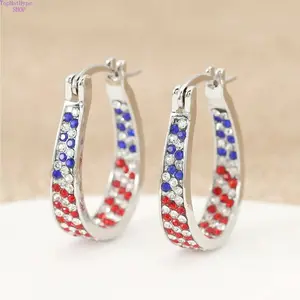 2 Pack Patriotic Red Blue Rhinestone Hoop Earrings Independence Day Holiday Party Daily Trendy Ear Jewelry