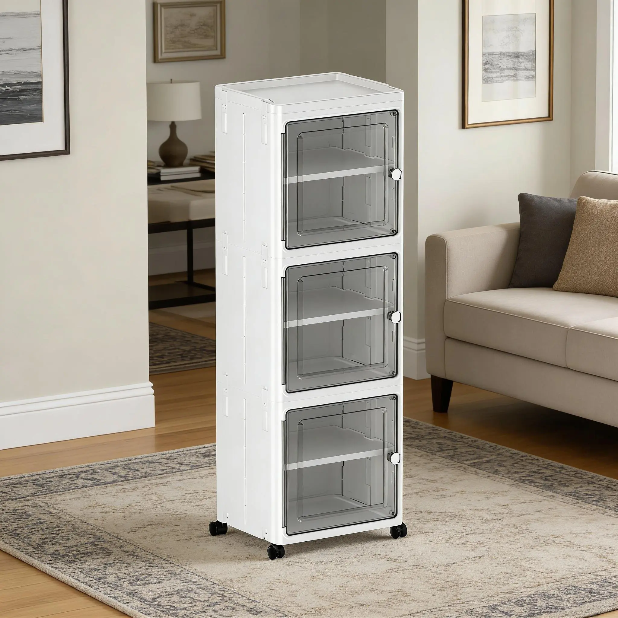 White Collapsible 3-Tier Tall Bathroom Storage Cabinet - Freestanding Mobile Rolling Furniture Organizer, Foldable Plastic Bin for Kitchen, Laundry Room Indoor Storage Furniture