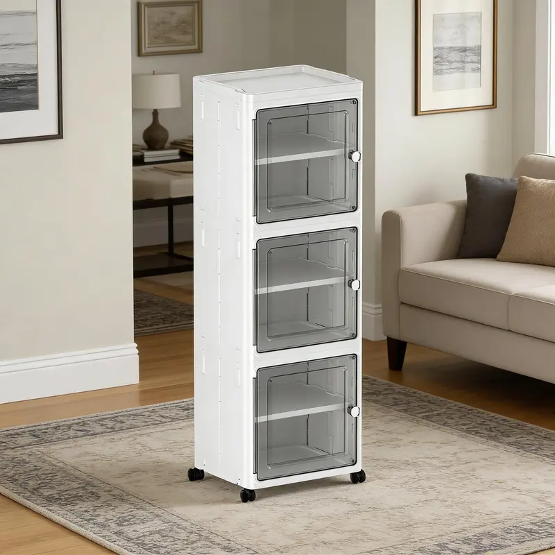 3-Tier Quick Access Folding Storage Cabinet - White Transparent Rectangular Dust-Free Plastic Bin Organizer with Lid, 360° Smooth Roll Wheels, Mobile for Kitchen, Laundry Home Organization