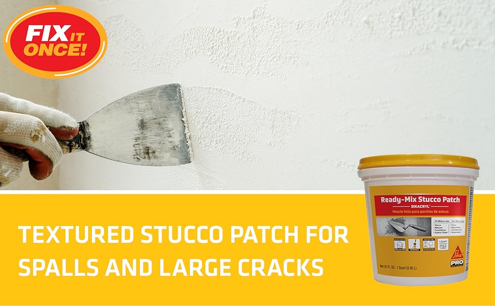 SIKA Sikacryl Stucco Repair, White, 1-Qt, Ready-Mix Stucco Patch for Large Cracks and Spalls, Acrylic-Based,/Exterior, Textured, Moisture-Resistant
