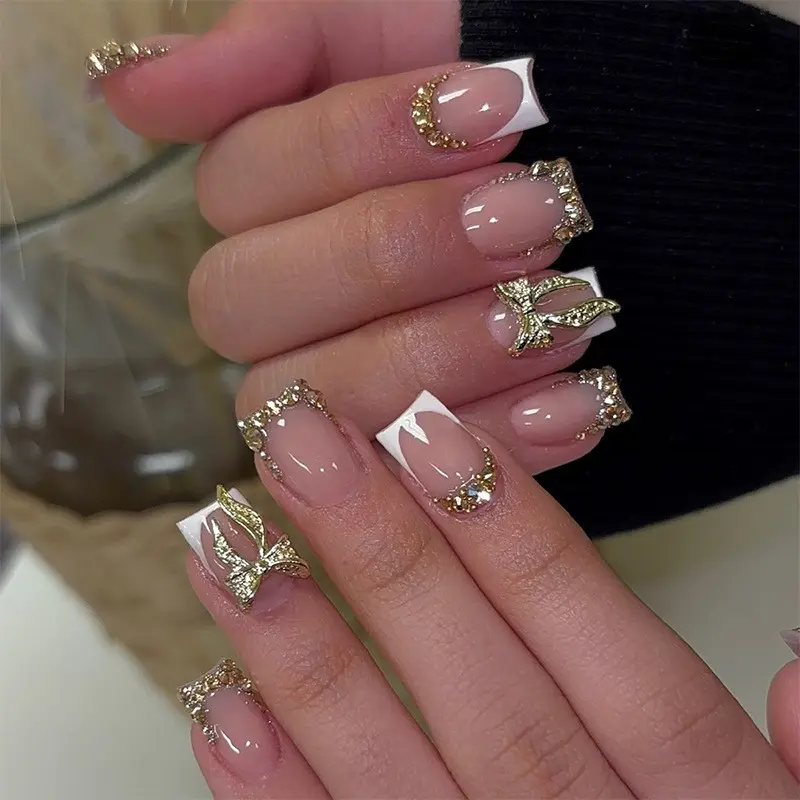 Handmade Short Square Blush Nude French Press On Nail Kit, Classic White French Tip 3D Gold Bow Inlaid Clear Rhinestone Luxury Reusable Fake Nails, Elegant Coquette Manicure Nail Tips For Bridal Wedding Daily Dating Office Commute