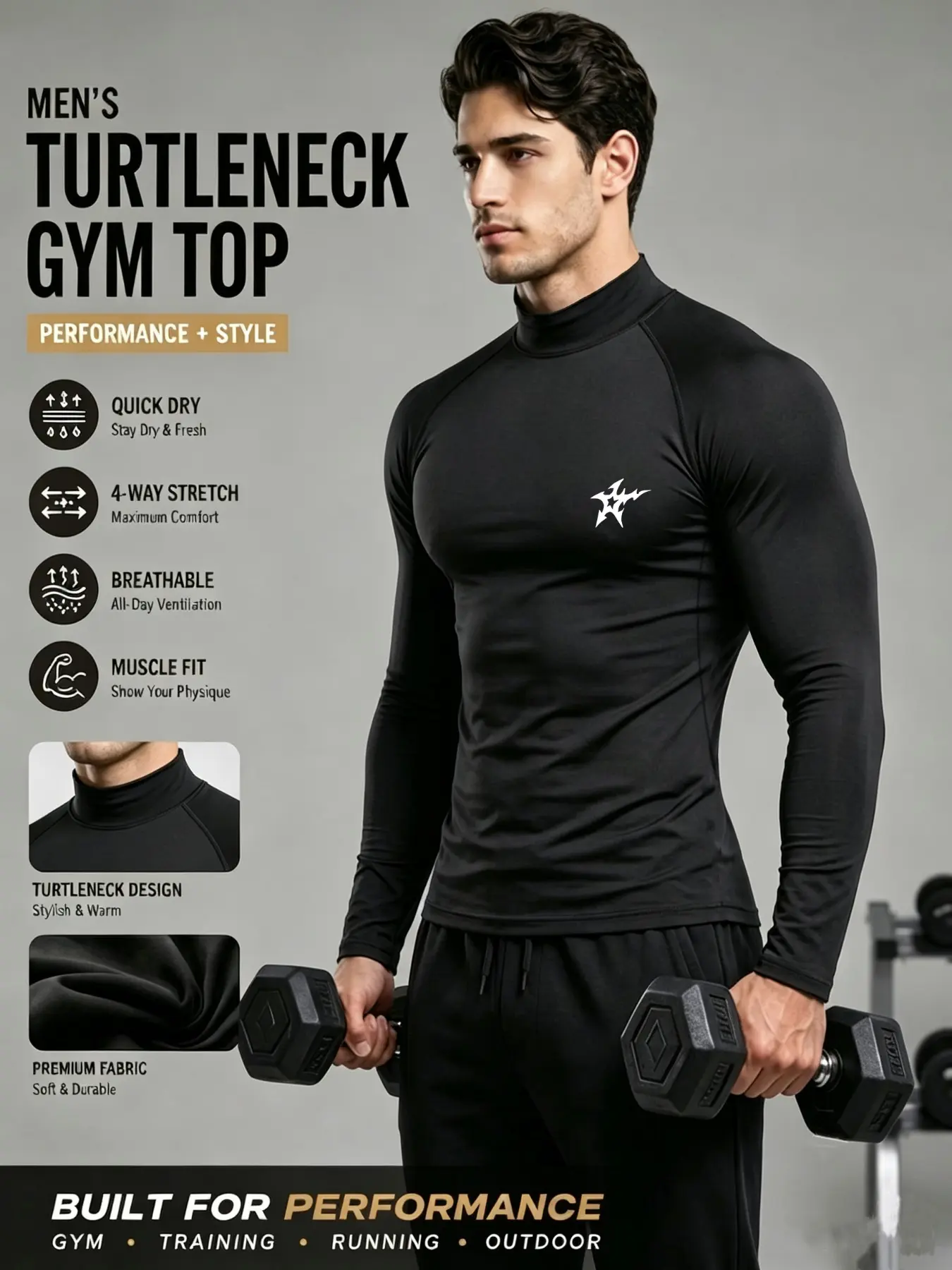 1pc Men's Compression Top Workout Shirt Black, Chest Star Logo PrintTurtleneck Long Sleeve Muscle Fit for Gym Workout Training Running Outdoor Quick Dry 4-Way Stretch Athletic Base Layer.