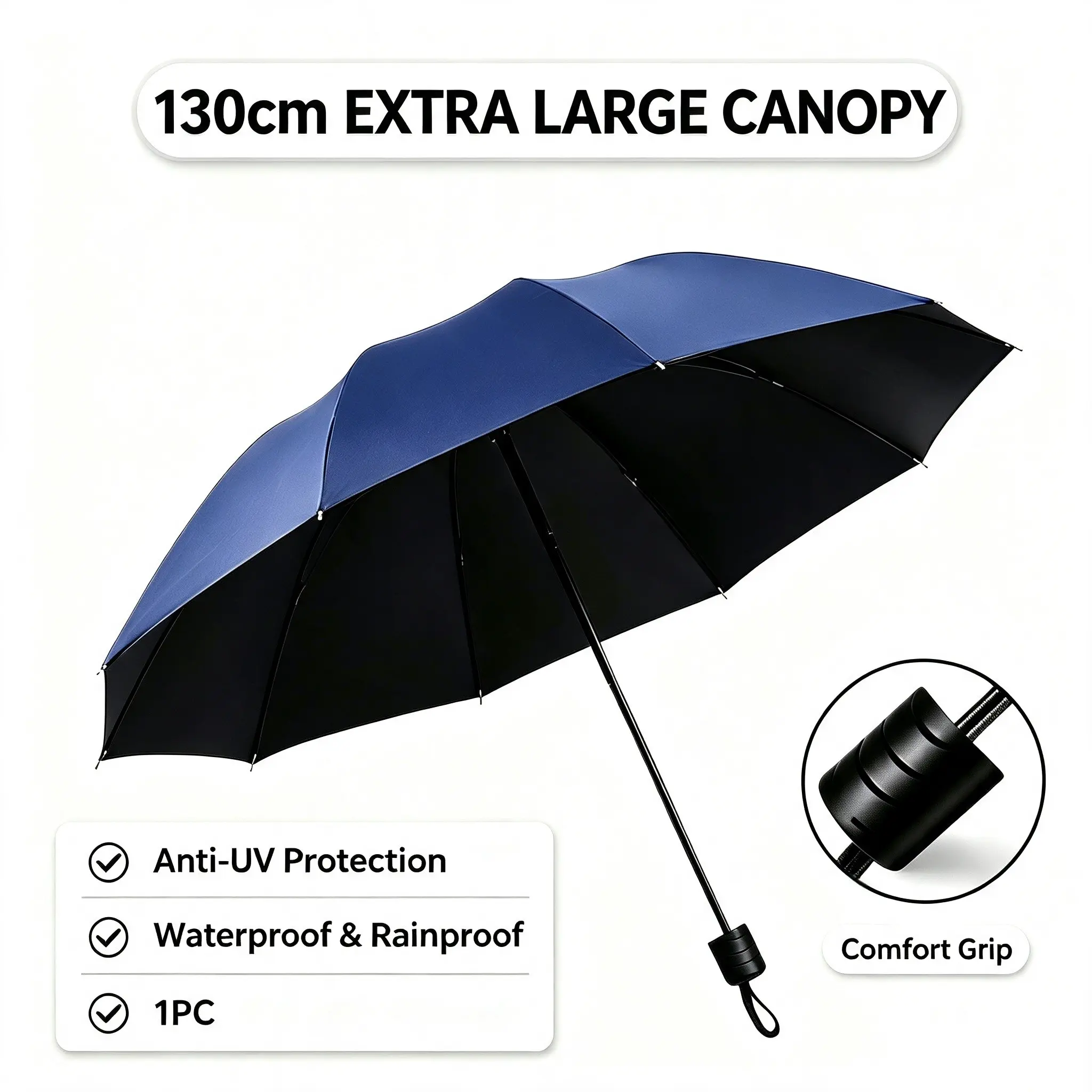 130cm Large Folding Parasol for Two, 10 Sturdy Ribs Windproof Portable Foldable Umbrella, Anti-UV Lining, Sun Rain Dual Purpose, Family Use, 1pc