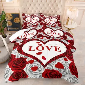 Romantic Rose Heart Print Comforter Set, 1 Comforter & 1-2 Coreless Pillowcases, Red White Roses with Hearts & the Word "LOVE", Soft Warm Bedding, Vintage Elegant Bedroom Decor, Couples Gift