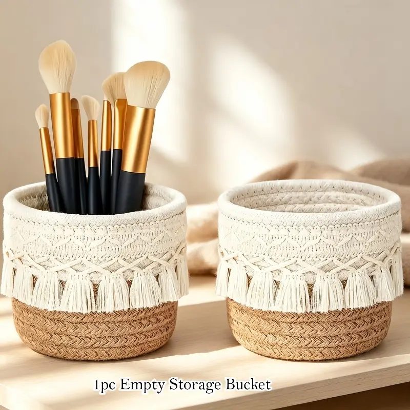 Bohemian Woven Storage Basket, Round Desktop Organizer for Makeup Brushes & Cosmetics, Multi-functional Decorative Storage Bin for Vanity, Desk & Bedroom, Multifunctional Organizing