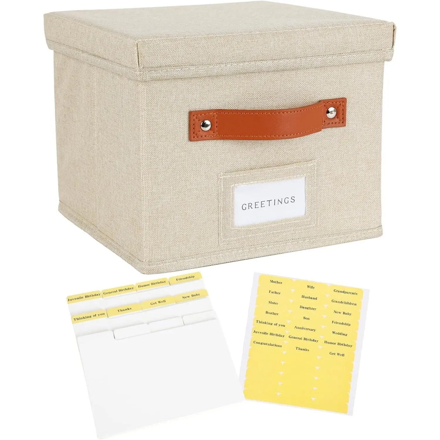 Greeting Card Organizer with Dividers, Lidded Storage Box Holds 150+ Cards, Assortment Box for Cards, Recipes, Photos, Envelopes Keepsake, 9 x 9 x 7 Inches Beige