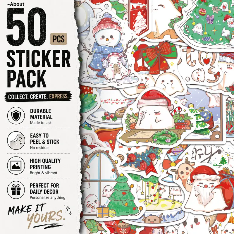 50PCS Christmas Little Ghost Aesthetic Vinyl Stickers Pack for Laptop Water Bottle Phone Case Skateboard Journal Scrapbook DIY Decoration