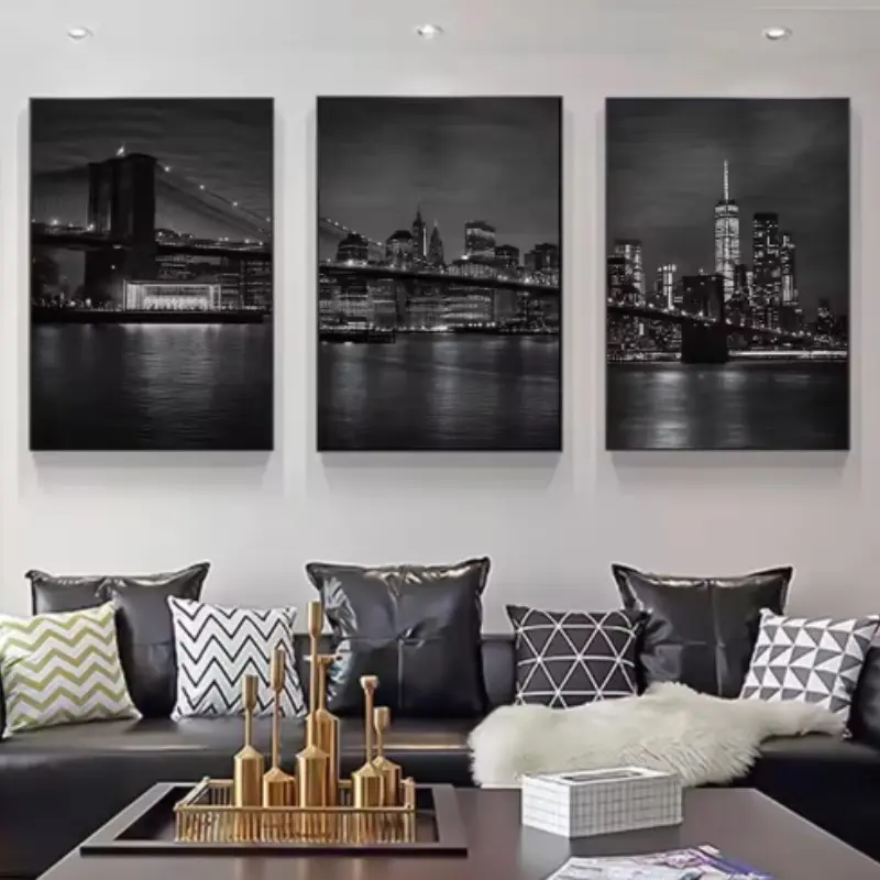 3pcs and New York City Night Scene Posters, Brooklyn Bridge Manhattan Skyline Wall Art, Home Decor for Bedroom Living Room Hallway
