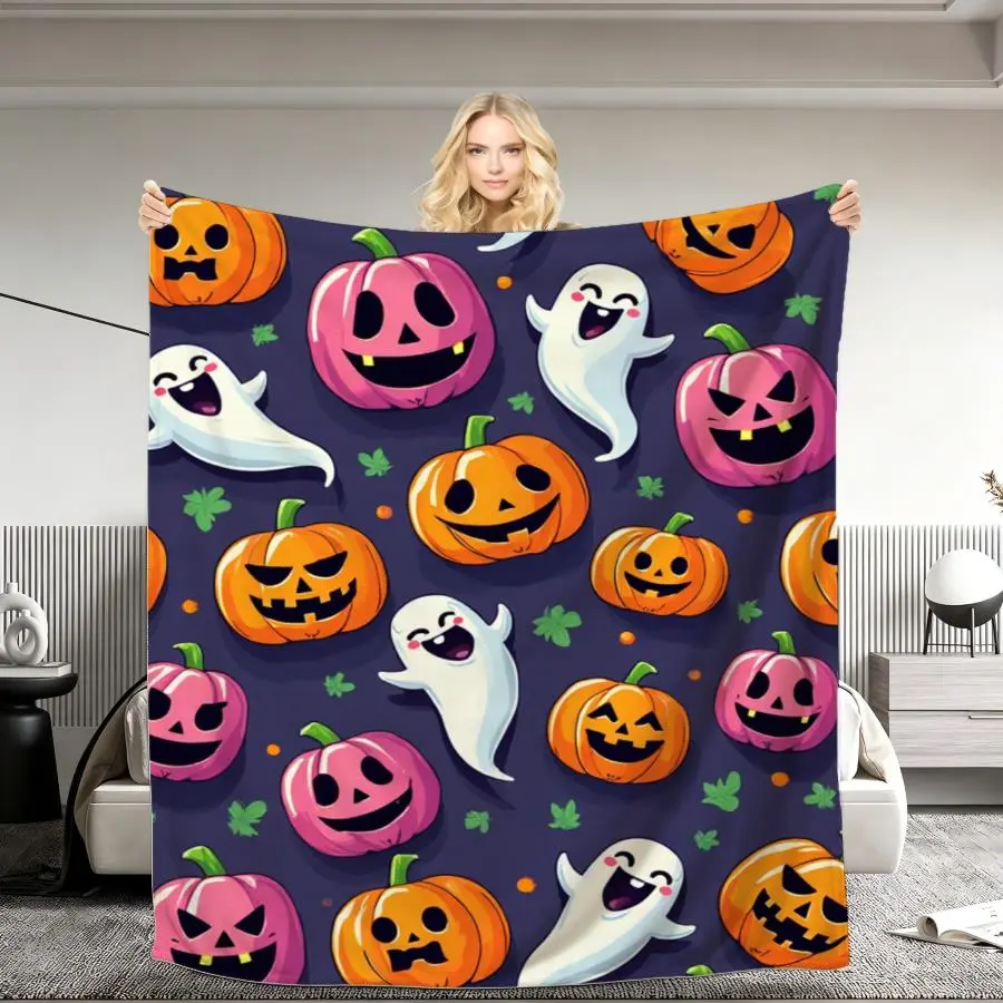 1pc Halloween Flannel Fleece Weighted Blanket 280GSM with Playful Jack-o-Lantern and Pattern on Purple Background Wash Single Sided Printing Men's T-shirts 100% Usable Year-round Summer Cooling Blanket