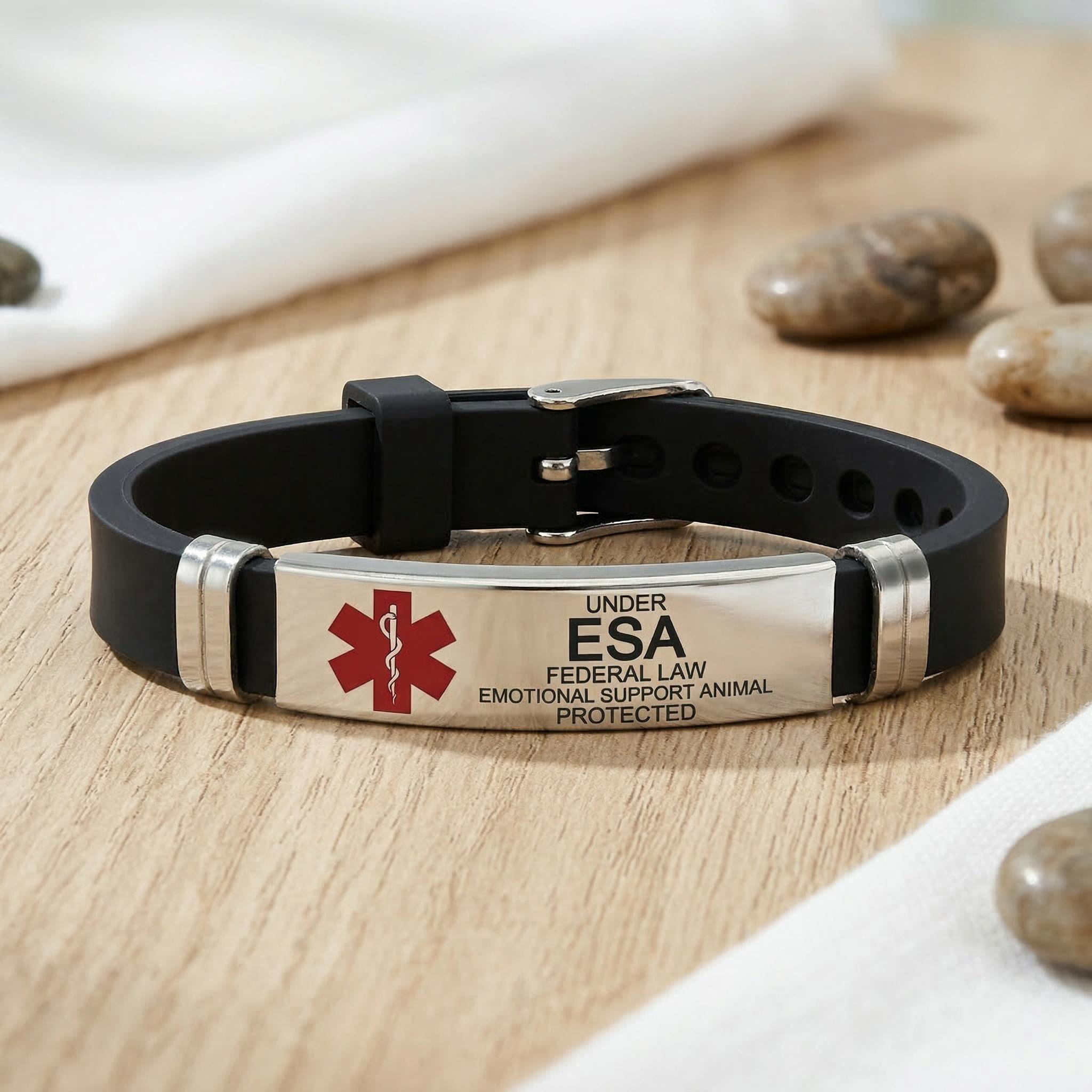 Emotional Support Animal Medical Alert Silicone Bracelet, Under Federal Law Protected Adjustable Wristband, ESA Owner ID Bracelet for Men Women