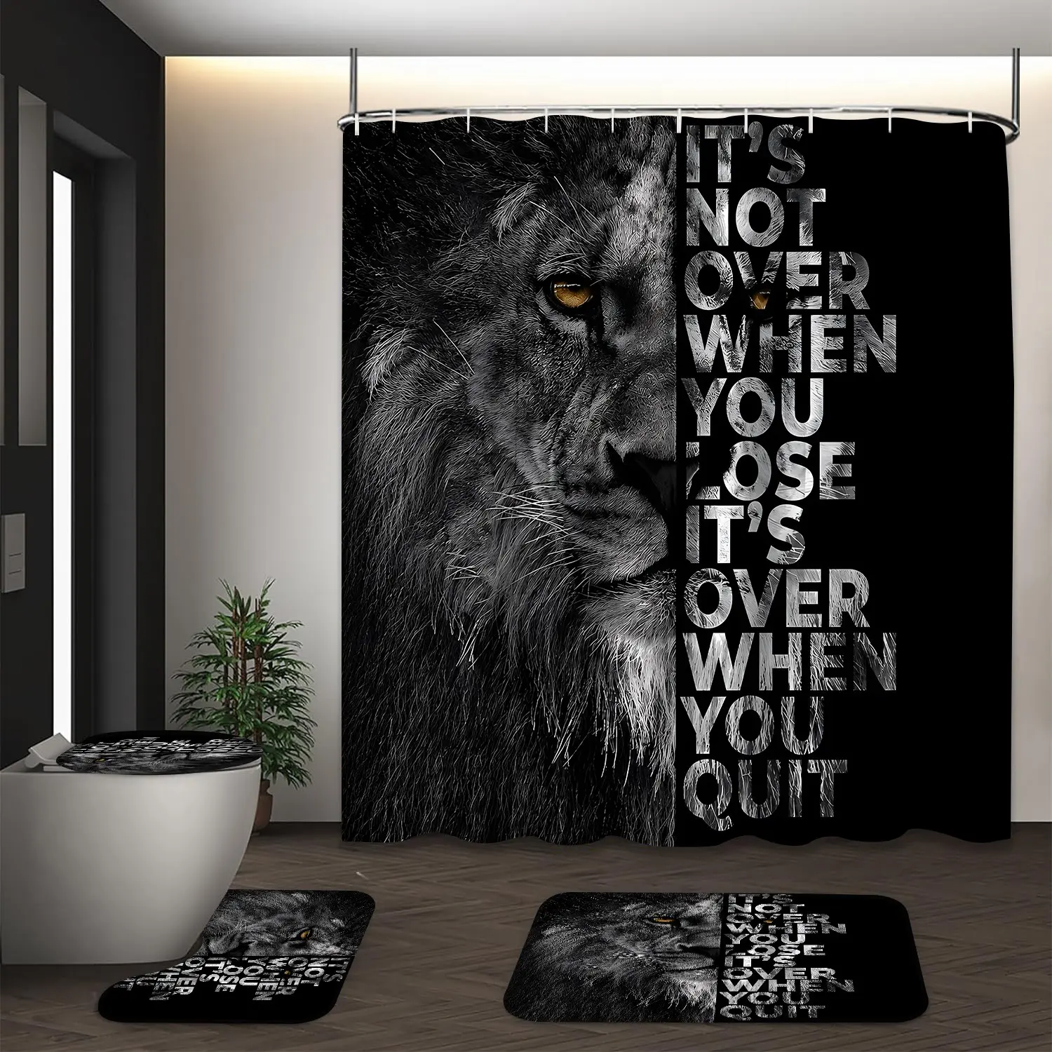 LVRLVR 4Pcs Metallic Lion & Motivational Quote Print Shower Curtain Set with Toilet Accessories, Flannel-Fabric & Plastic U-Shape Hooks, 70.8x70.8 in Bathroom Supply