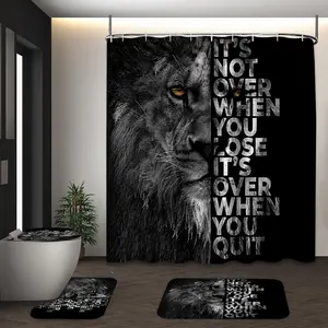 LVRLVR 4Pcs Lion Motivational Quote Print Black Silver Tone Shower Curtain Set Bath Curtains Shower 70.8×70.8 Inch