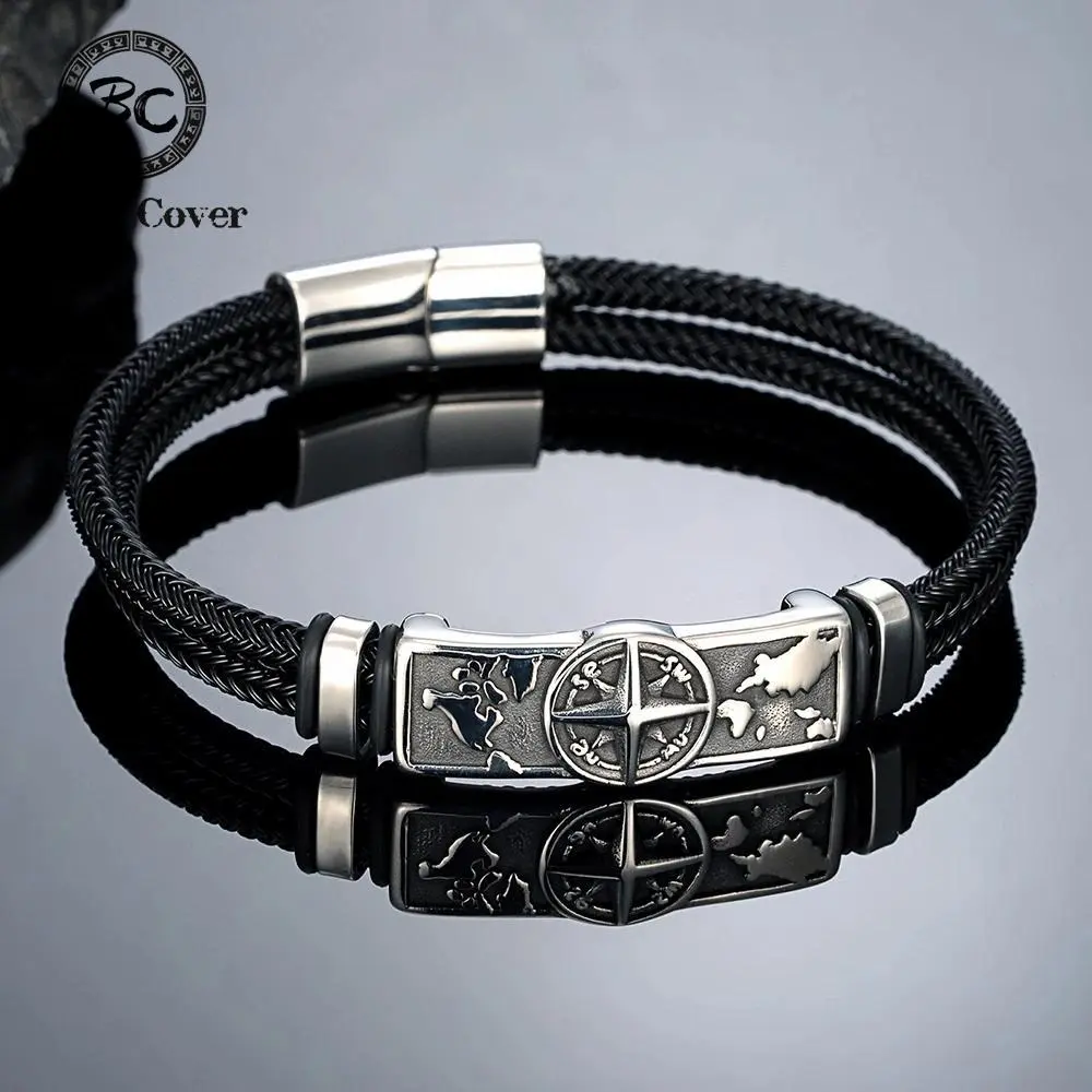 Men's Vikings Compass World Map Motif Wire Rope Bracelet - Fade-Proof, Waterproof Norse Stainless Steel Amulet for Culture Enthusiasts, Exploration Dreamers - Male Costume Jewelry Accessory, 23Cm, 19Cm, Rugged Explorer