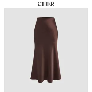 Cider Women's Satin Mid-Rise Solid Zipper Maxi Skirt