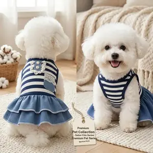 Striped Denim Sailor Dress for Pets, Lace Ruffle Hem, Summer Fashion, Puppy Clothes, Kitten Clothes, Suitable for Small Dogs and Cats, Cute and Stylish