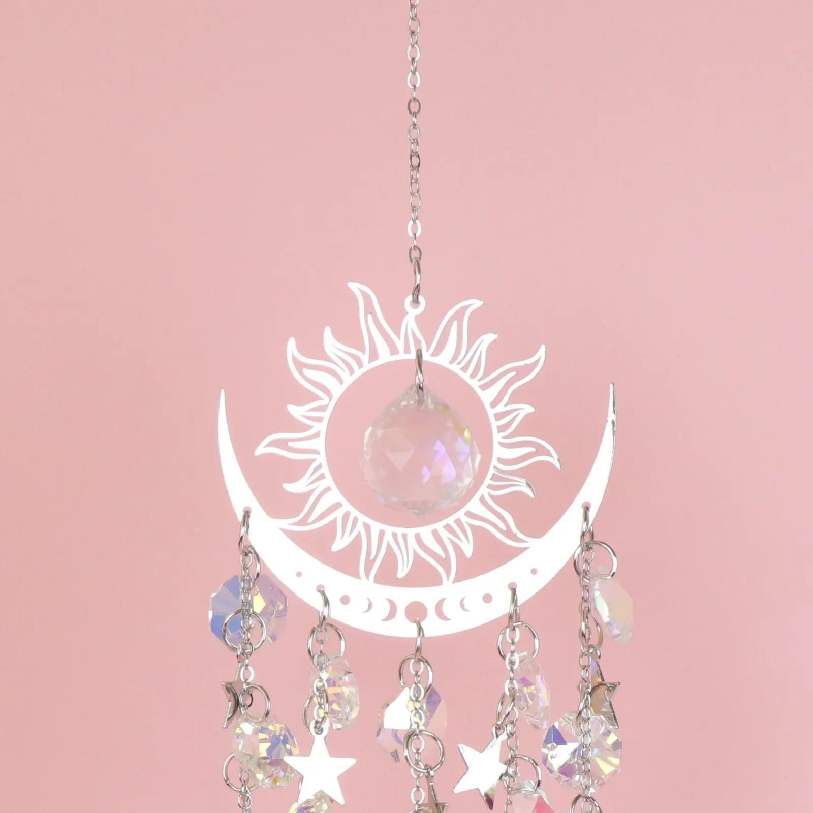 Golden Flame Moon Crystal Suncatcher Hanging Decor, AB Color Prism Wind Chime Pendant for Outdoor Garden & Window, Sparkling Rainbow Maker Boho Ornament Perfect for Yard, Balcony & Spiritual Gift Giving