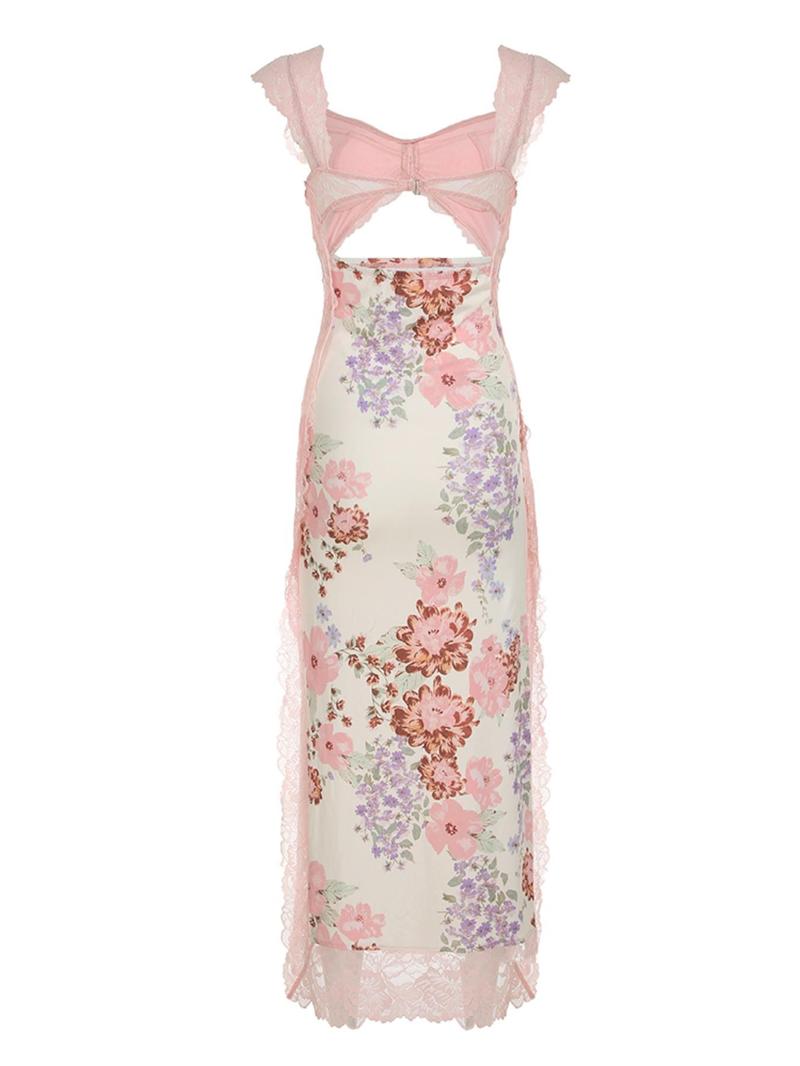 Women's Ditsy Floral Print Lace Insert  Dress, Summer Clothes Women, Boho Sleeveless Long Dress for Beach Holiday Vacation, Ladies Summer Clothes, Backless Crisscross Dress